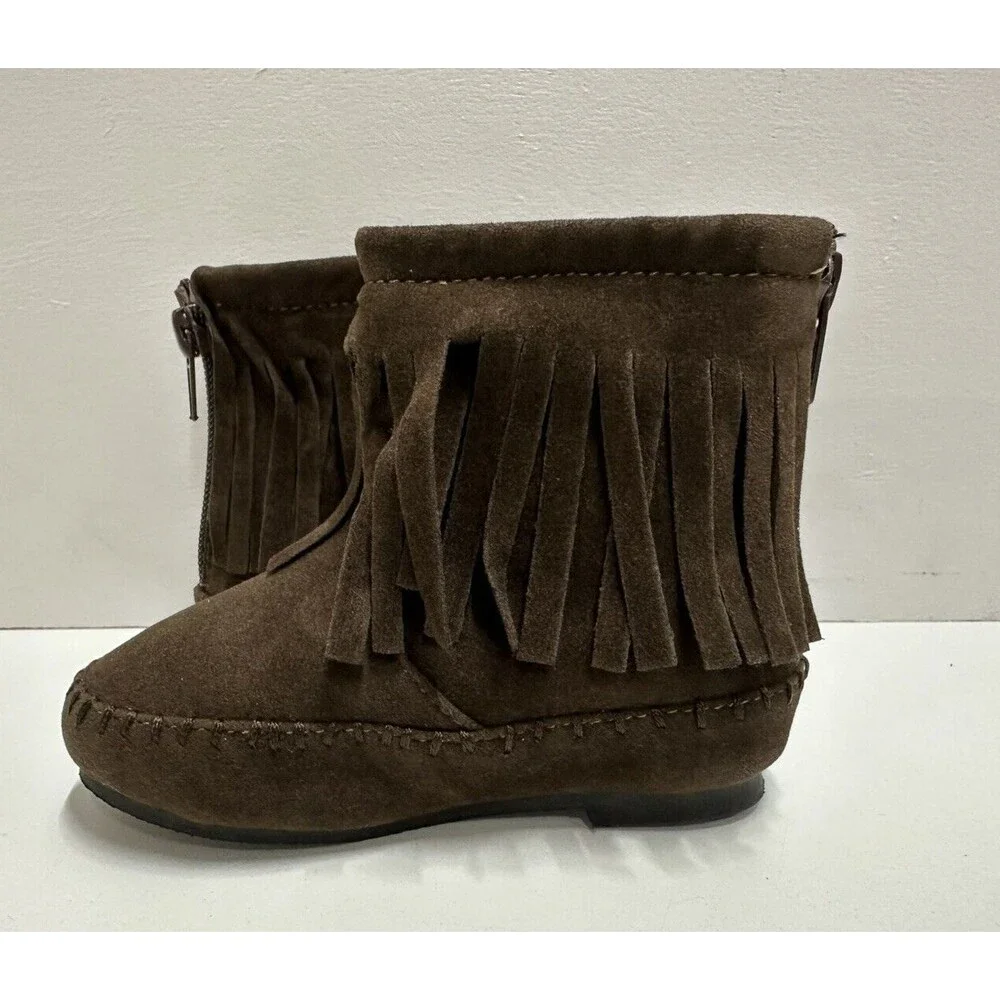 The Doll Maker girl toddler sz 5 fringe brown faux suede zipper flat ankle boots